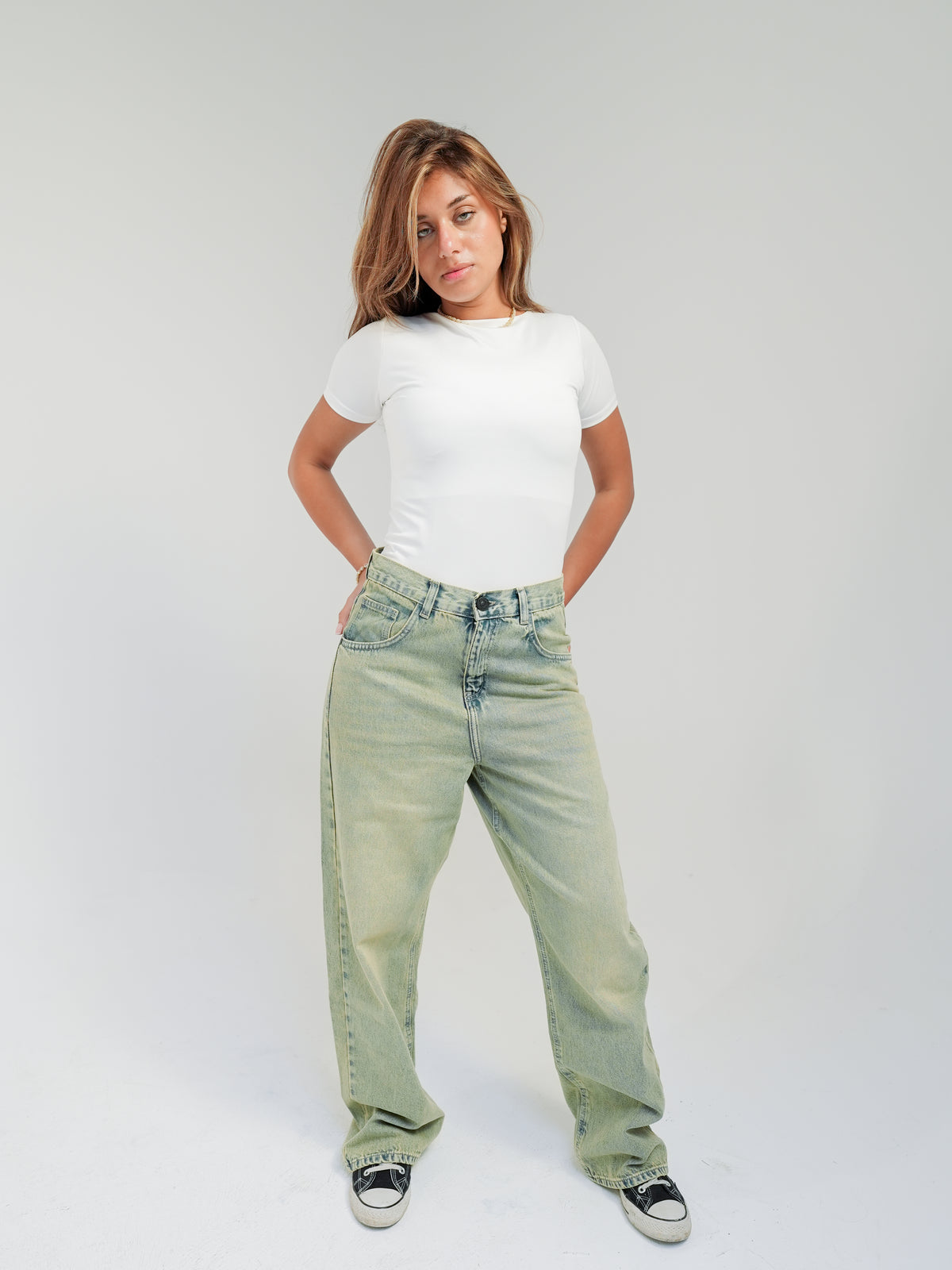 pastel green jeans (tinted wash denim)